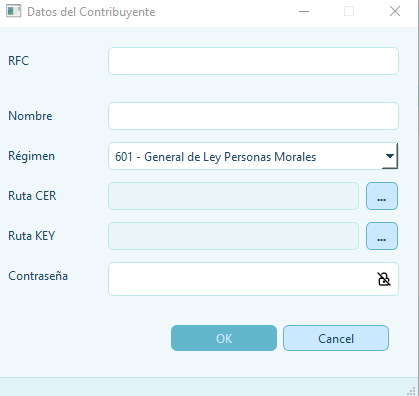 Formulario de alta de contribuyente: campos RFC, Nombre, Régimen, rutas CER y KEY, y contraseña de e.firma