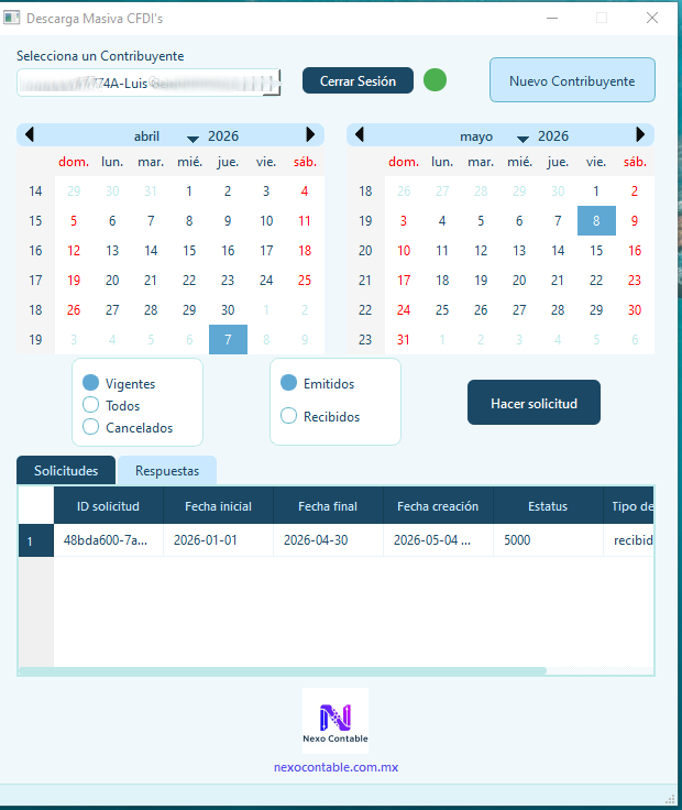 Pantalla principal de NexoCFDI Downloader: selector de fechas, filtros de tipo y estatus, y tabla de solicitudes enviadas al SAT